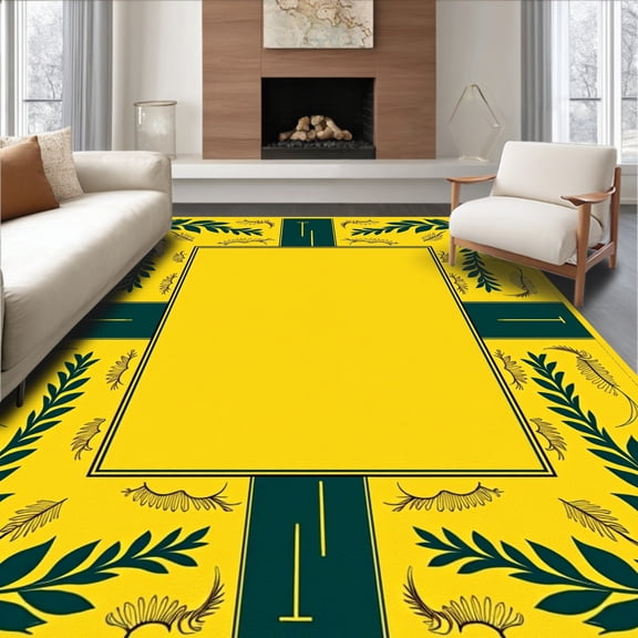 ODIKA 8'x10' Machine Washable Non-Slip Area Rug, Athletic Field Goal Celebration with Championship Winner Motifs High Traffic Rug, Yellow, 670454