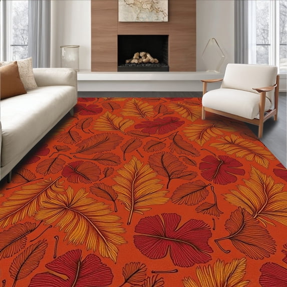 ODIKA 8'x10' Machine Washable Non-Slip Area Rug, Autumn Forest Floor Scatter Leaf Bath with Nature Inspired Prints High Traffic Rug, Orange, 602132
