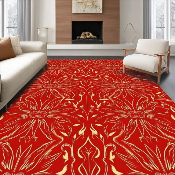 ODIKA 8'x10' Machine Washable Non-Slip Area Rug, Autumnal Safari Mosaic with Stylized Jungle Creatures and Leaf Vein Details High Traffic Rug, Red, 511576