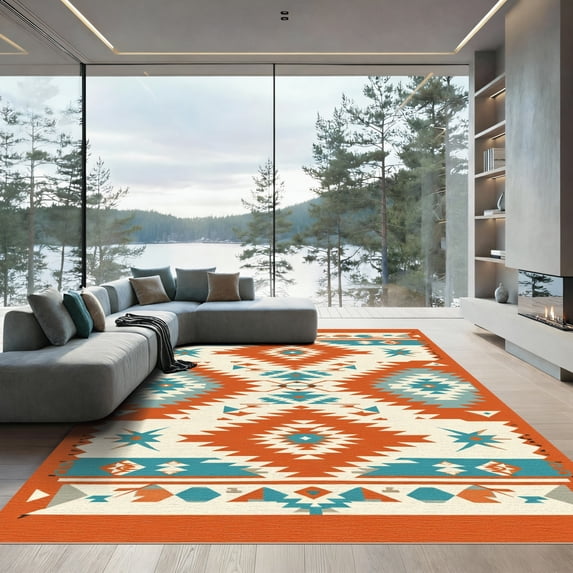 ODIKA 8'x10' Machine Washable Non-Slip Area Rug, Aztec Burnt Orange High Traffic Rug, Orange, 1081756