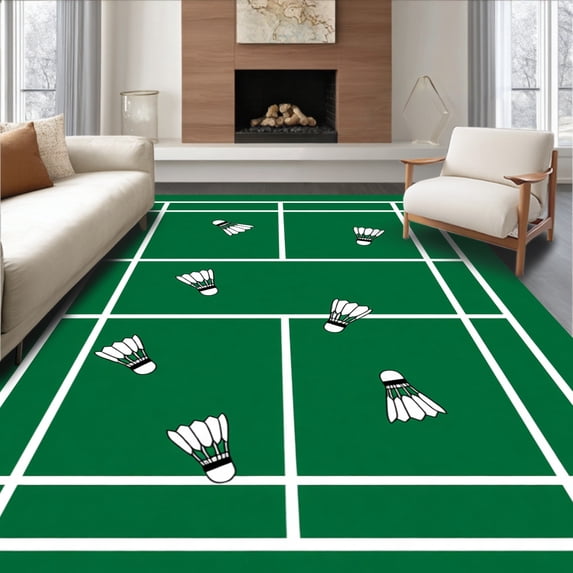 ODIKA 8'x10' Machine Washable Non-Slip Area Rug, Badminton Court with Shuttlecocks High Traffic Rug, Green, 841044