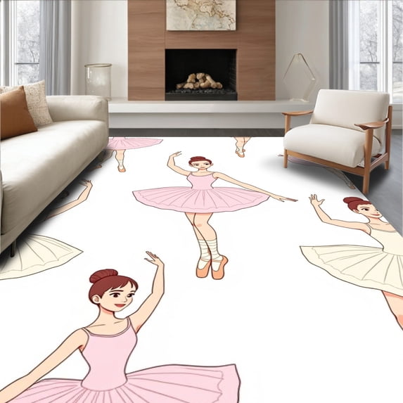 ODIKA 8'x10' Machine Washable Non-Slip Area Rug, Ballerina Tutu Dance Pointe Shoes Grace Elegance Performance Studio High Traffic Rug with Pad, Pink, 729011