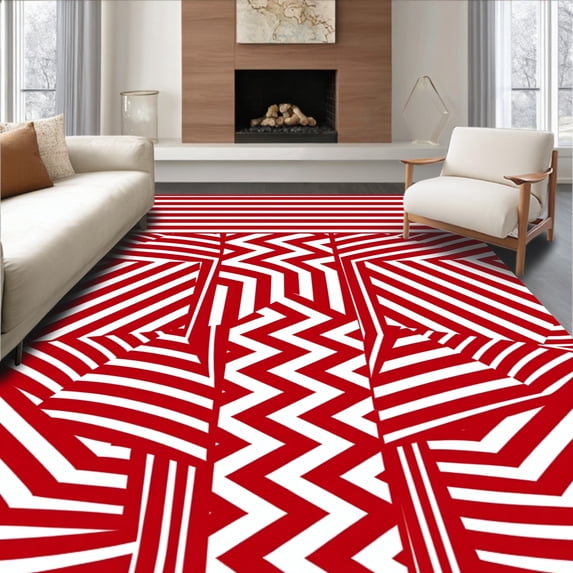 ODIKA 8'x10' Machine Washable Non-Slip Area Rug, Banner With Collegiate Stripe Accents And Dynamic Motifs High Traffic Rug with Pad, Red, 676201