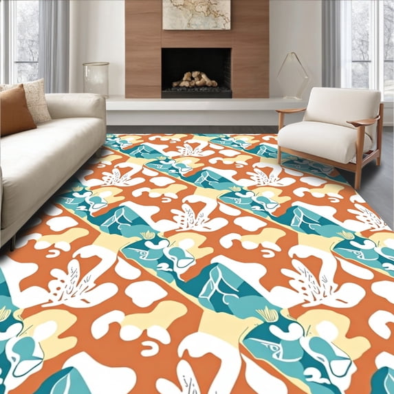 ODIKA 8'x10' Machine Washable Non-Slip Area Rug, Beachcomber Interlocking Motif with Stylized Coral Flourishes High Traffic Rug, Orange, 708736