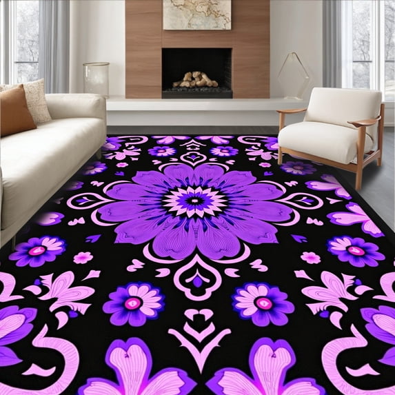 ODIKA 8'x10' Machine Washable Non-Slip Area Rug, Blossom Latch Hook Project For Needlework Enthusiasts High Traffic Rug with Pad, Black, 646895