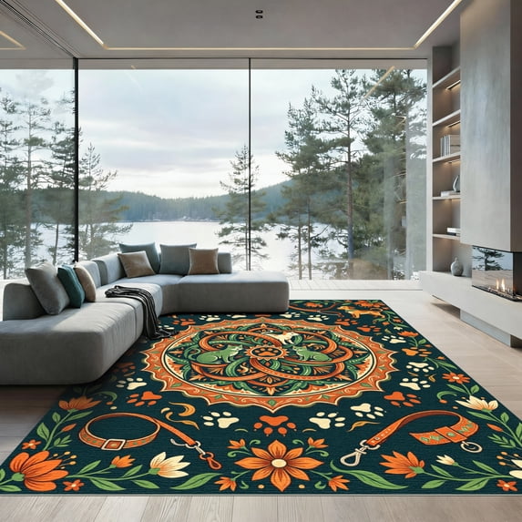 ODIKA 8'x10' Machine Washable Non-Slip Area Rug, Bohemian Navy High Traffic Rug, Blue, 1286845