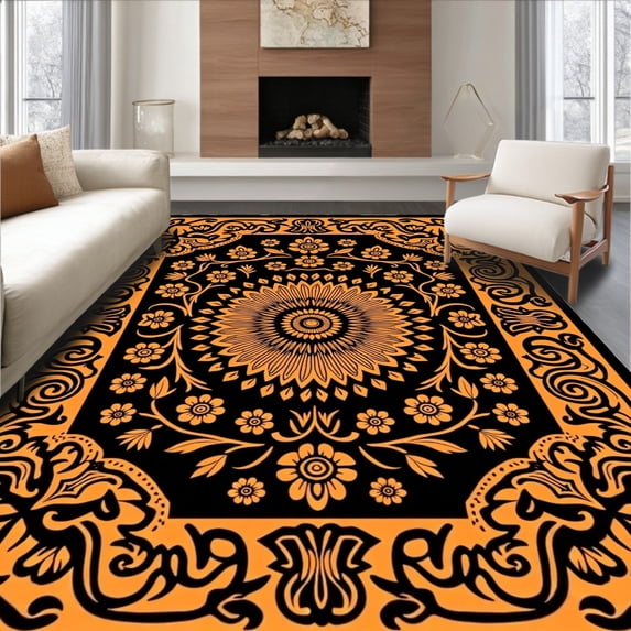 ODIKA 8'x10' Machine Washable Non-Slip Area Rug, Boho Botanical Luxe Jewel Flourish Grandeur High Traffic Rug with Pad, Black, 579018