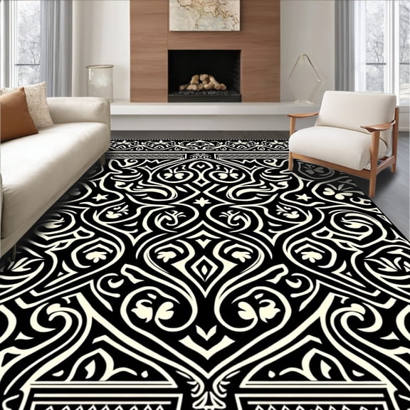 ODIKA 8x10 Machine Washable Non-Slip Area Rug, Boho Bug with Interlocking Accents High Traffic Rug, Black, 472014