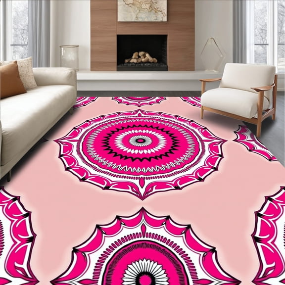 ODIKA 8'x10' Machine Washable Non-Slip Area Rug, Boho Chic Medallion Sunburst Artisan Crafted Zigzag High Traffic Rug, Pink, 475228