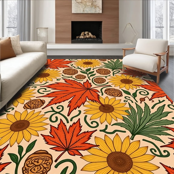 ODIKA 8'x10' Machine Washable Non-Slip Area Rug, Harvest Leaf Medley with Sunflower Blossom and Pinecone High Traffic Rug, Orange, 603664