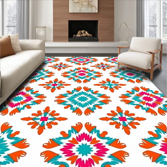 ODIKA 8x10 Machine Washable Non-Slip Area Rug, Boho Lattice Medley Showcasing Stylized Petal Filigree High Traffic Rug with Pad, Orange, 565858