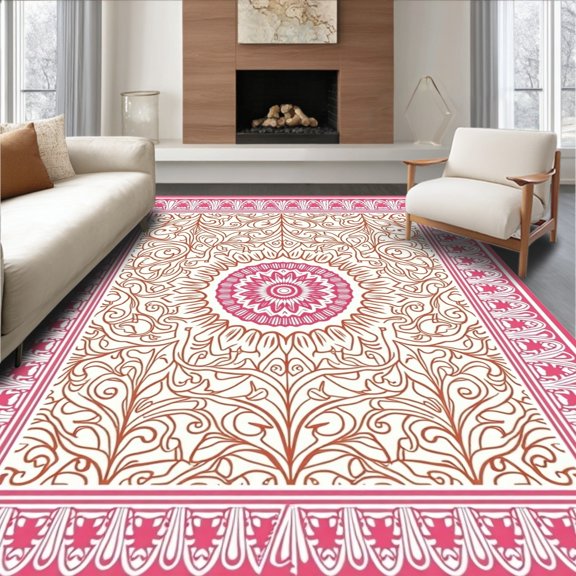 ODIKA 8x10 Machine Washable Non-Slip Area Rug, Boho Latticework Trellis with Ornamental Scroll Detailing High Traffic Rug, Pink, 536049