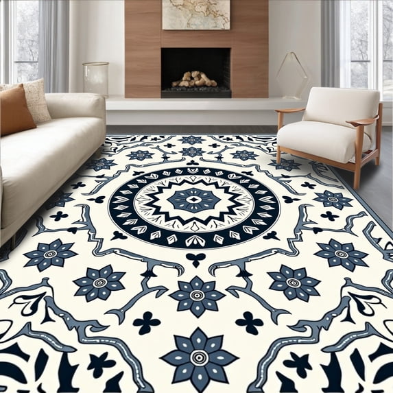 ODIKA 8'x10' Machine Washable Non-Slip Area Rug, Boho Luxe Interlocking Medallion High Traffic Rug, Blue, 555874