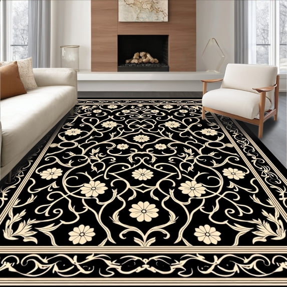 ODIKA 8'x10' Machine Washable Non-Slip Area Rug, Boho Scrollwork Lattice Featuring Intricate Floral High Traffic Rug, Black, 334231