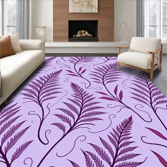 ODIKA 8'x10' Machine Washable Non-Slip Area Rug, Botanical Featuring Stylized Ferns and Delicate Vinework High Traffic Rug with Pad, Purple, 478028