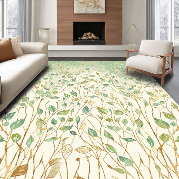 ODIKA 8'x10' Machine Washable Non-Slip Area Rug, Refined Abstract Leaf Vein Design with Jade Green and Copper Highlights High Traffic Rug, Green, 252612
