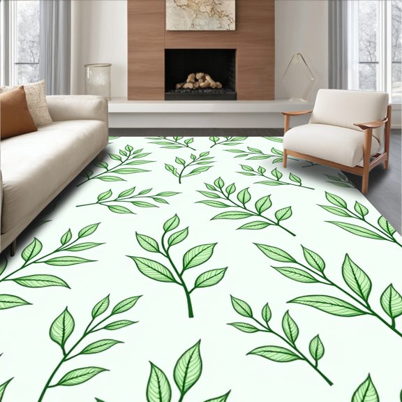 ODIKA 8'x10' Machine Washable Non-Slip Area Rug, Botanical Leaf Print Decorative with Nature Inspired Artwork High Traffic Rug, Green, 522068