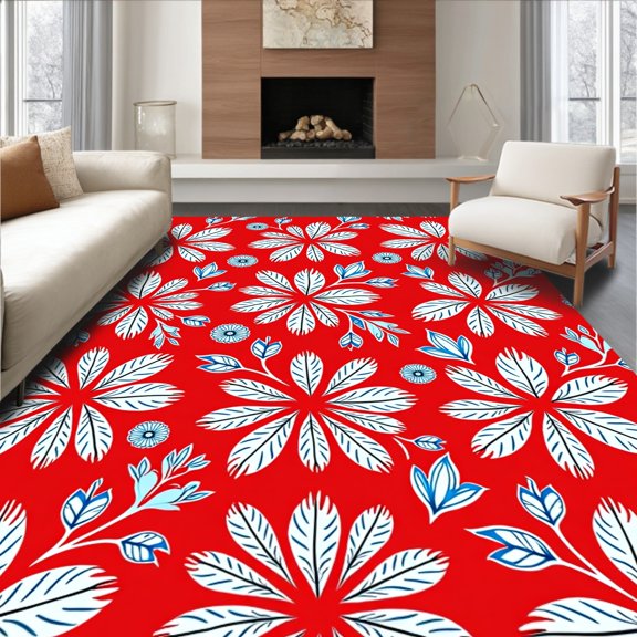 ODIKA 8'x10' Machine Washable Non-Slip Area Rug, Botanical Petal Burst Mosaic Artistic Floral Arrangement High Traffic Rug, Red, 556350