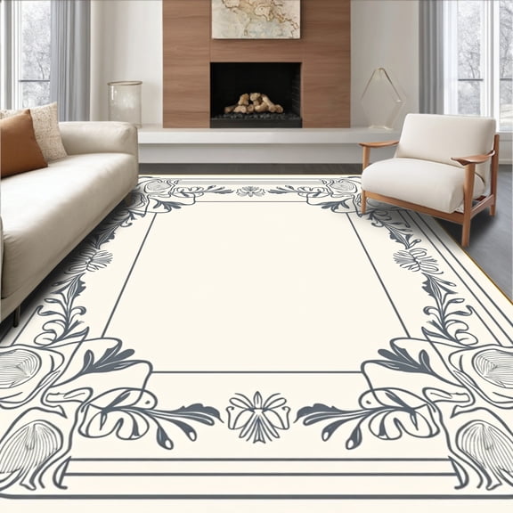 ODIKA 8x10 Machine Washable Non-Slip Area Rug, Botanical Scrollwork with Elegant Floral Scroll and Leaf Detailing High Traffic Rug, Gray, 552998