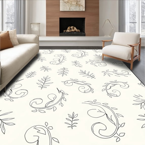 ODIKA 8'x10' Machine Washable Non-Slip Area Rug, Botanical Scrollwork with Subtle Leaf and Vine Interplay High Traffic Rug, Black, 463944