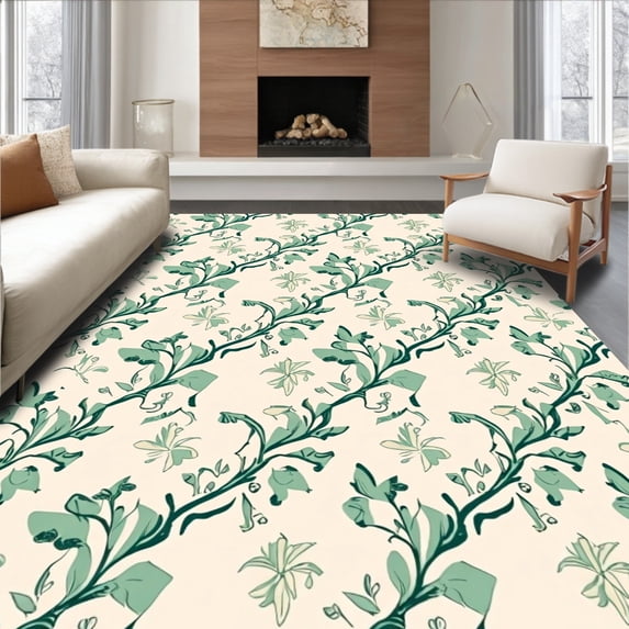 ODIKA 8'x10' Machine Washable Non-Slip Area Rug, Botanical Trellis Spill Proof Machine Cleanable High Traffic Rug, Beige, 478583