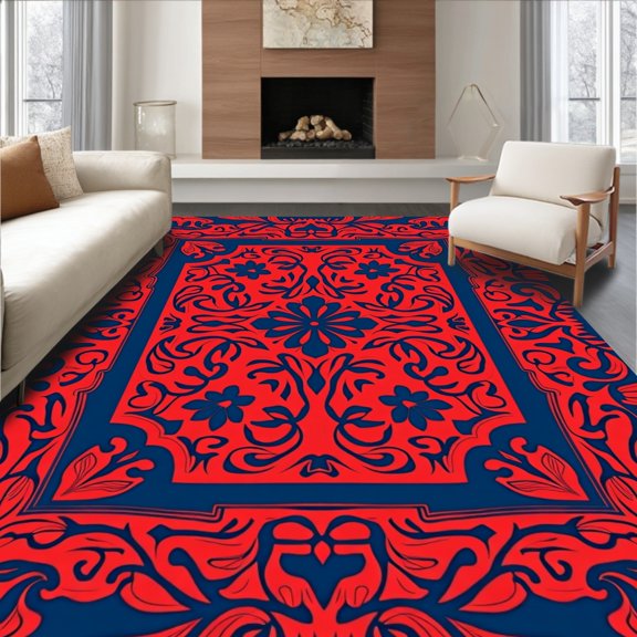 ODIKA 8'x10' Machine Washable Non-Slip Area Rug, Botanical Vine Scroll with Leaf Flourish Details High Traffic Rug, Red, 466165