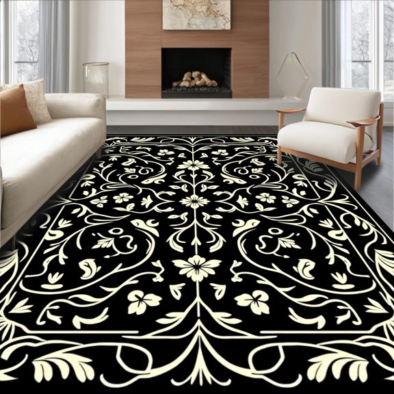 ODIKA 8'x10' Machine Washable Non-Slip Area Rug, Botanical Vine Scroll with Stylized Floral Embellishments High Traffic Rug, Black, 525765