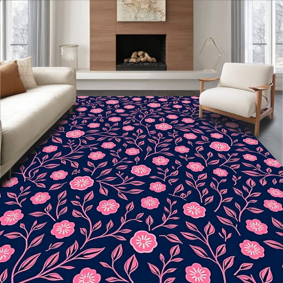 ODIKA 8'x10' Machine Washable Non-Slip Area Rug, Botanical Vine Scrolls with Delicate Leaf and Blossom Embellishments High Traffic Rug with Pad, Pink, 336754