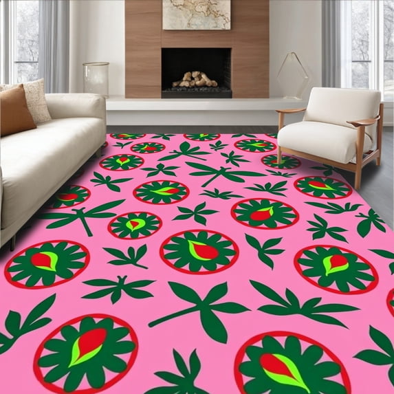 ODIKA 8'x10' Machine Washable Non-Slip Area Rug, Botanical Whirlwind Design with Dragonfly and Festive Petals High Traffic Rug, Pink, 620554