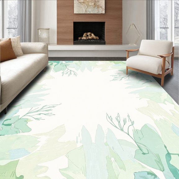 ODIKA 8'x10' Machine Washable Non-Slip Area Rug, Botanical Whisper Watercolor Splash Artistic Fade High Traffic Rug, Green, 579570