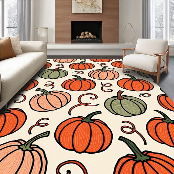 ODIKA 8'x10' Machine Washable Non-Slip Area Rug, Bountiful Harvest Botanical Countryside Decorative High Traffic Rug with Pad, Orange, 602046