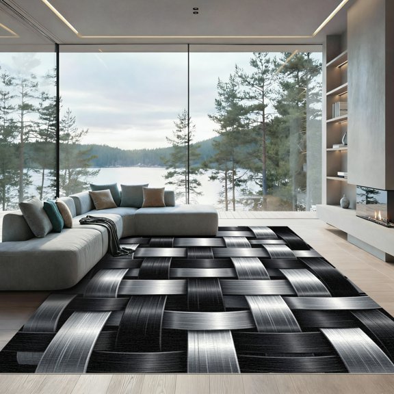 ODIKA 8'x10' Machine Washable Non-Slip Area Rug, Braided Black High Traffic Rug, Silver, 979704