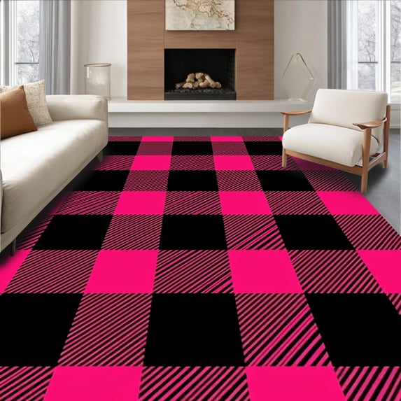 ODIKA 8'x10' Machine Washable Non-Slip Area Rug, Buffalo Check Featuring Festive Evergreen Truck and Tartan Plaid High Traffic Rug, Pink, 651788