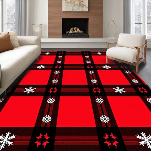 ODIKA 8'x10' Machine Washable Non-Slip Area Rug, Buffalo Checkered Tartan with Nordic Inspired Motifs High Traffic Rug, Red, 617173