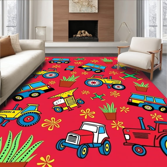 ODIKA 8'x10' Machine Washable Non-Slip Area Rug, Busy Farm Scene with Pull Back Tractors and Friendly Animal Figures High Traffic Rug, Red, 685854