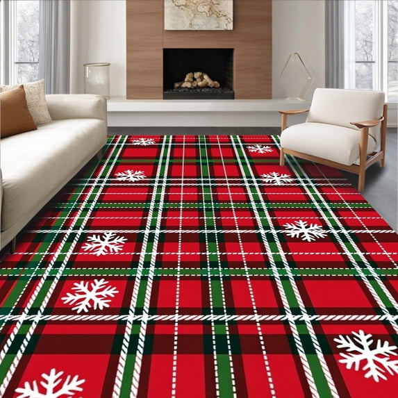 ODIKA 8'x10' Machine Washable Non-Slip Area Rug, Cane Patchwork Plaid with Festive Snowflake Motifs High Traffic Rug, Red, 731734