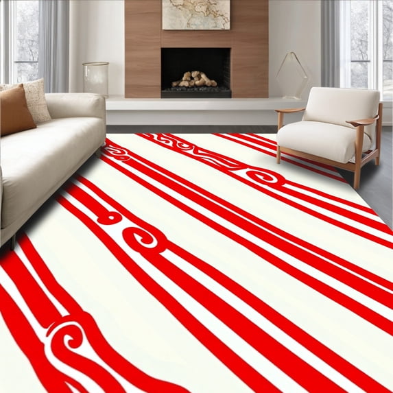 ODIKA 8'x10' Machine Washable Non-Slip Area Rug, Cane Stripe Holiday Festive Floor High Traffic Rug, Red, 629521