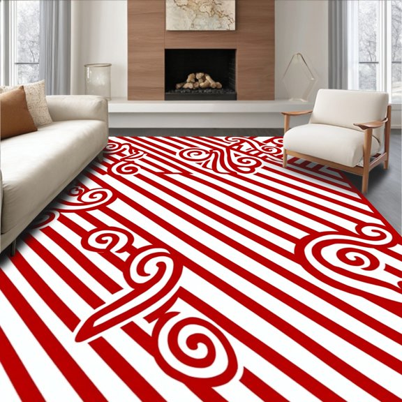 ODIKA 8'x10' Machine Washable Non-Slip Area Rug, Cane Stripe Holiday Floor with Peppermint Swirl High Traffic Rug, Red, 735504