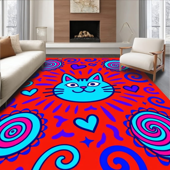 ODIKA 8'x10' Machine Washable Non-Slip Area Rug, Cartoon Cat Portrait Surrounded by Fun Graphic and Spiral Details High Traffic Rug, Red, 724903