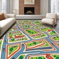 thumbnail image 1 of ODIKA 8'x10' Machine Washable Non-Slip Area Rug, Cartoon Cityscape Roadway Maze with Whimsical Vehicles and Playful High Traffic Rug, Green, 696218, 1 of 7