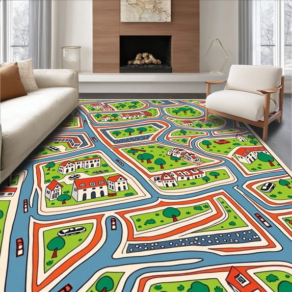 ODIKA 8'x10' Machine Washable Non-Slip Area Rug, Cartoon Cityscape Roadway Maze with Whimsical Vehicles and Playful High Traffic Rug, Green, 696218