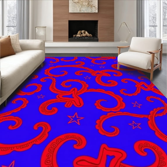 ODIKA 8'x10' Machine Washable Non-Slip Area Rug, Celestial Dragon Crest Anime Inspired Interlocking Swirl High Traffic Rug, Blue, 701053