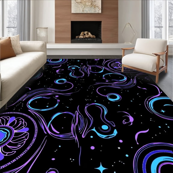 ODIKA 8'x10' Machine Washable Non-Slip Area Rug, Celestial Dreamcatcher Mystical Constellation Starry Night Horizon High Traffic Rug, Black, 489051