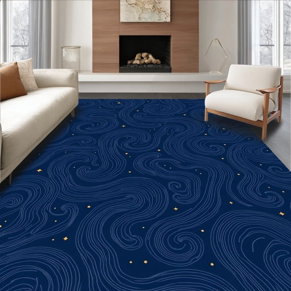 ODIKA 8'x10' Machine Washable Non-Slip Area Rug, Celestial Dreamscape Swirl Constellation Tapestry High Traffic Rug with Pad, Blue, 541656