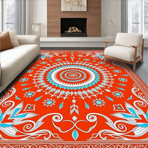 ODIKA 8'x10' Machine Washable Non-Slip Area Rug, Celestial Interlocking with Starburst Accents High Traffic Rug, Red, 713869