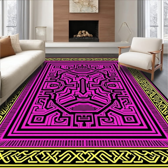 ODIKA 8'x10' Machine Washable Non-Slip Area Rug, Celestial Maze Interlocking Motif with Art Influence High Traffic Rug, Pink, 597134