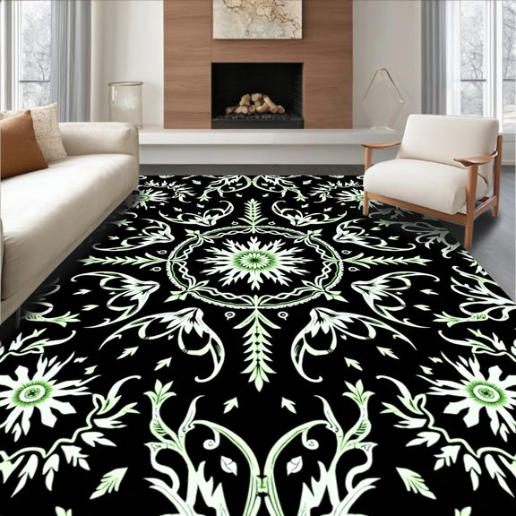 ODIKA 8'x10' Machine Washable Non-Slip Area Rug, Celestial Snowflake Medallion with Silver Starburst Embellishments High Traffic Rug, Black, 740742