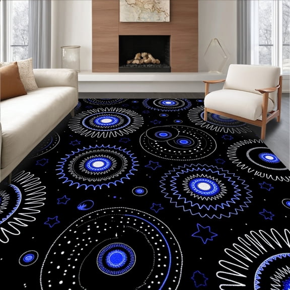 ODIKA 8'x10' Machine Washable Non-Slip Area Rug, Celestial Starburst Motif with Silver Highlights and Midnight Blues High Traffic Rug, Black, 591488