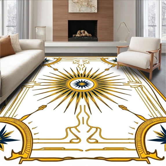 ODIKA 8'x10' Machine Washable Non-Slip Area Rug, Celestial Sunburst Design Fringe Throw with Symbol Details High Traffic Rug, Gold, 714609