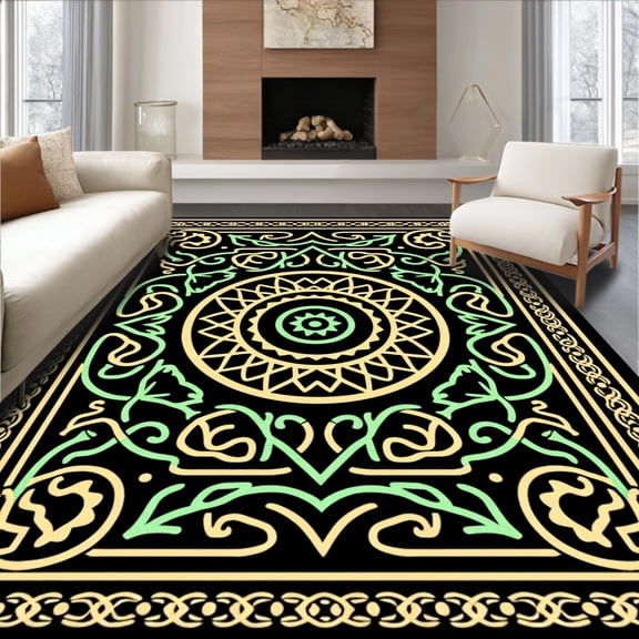 ODIKA 8'x10' Machine Washable Non-Slip Area Rug, Celtic Knot Spiral Latch Hook Kit DIY Crochet Embroidery Needlework High Traffic Rug, Black, 643153